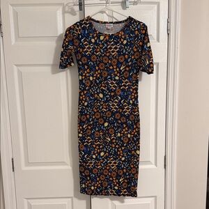 LuLaRoe Blue and Orange Patterned Midi Dress